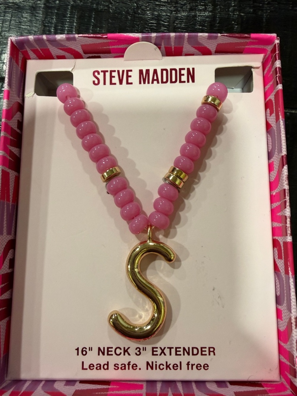 Steve Madden Pink Beaded Necklace with Gold 'S' Charm